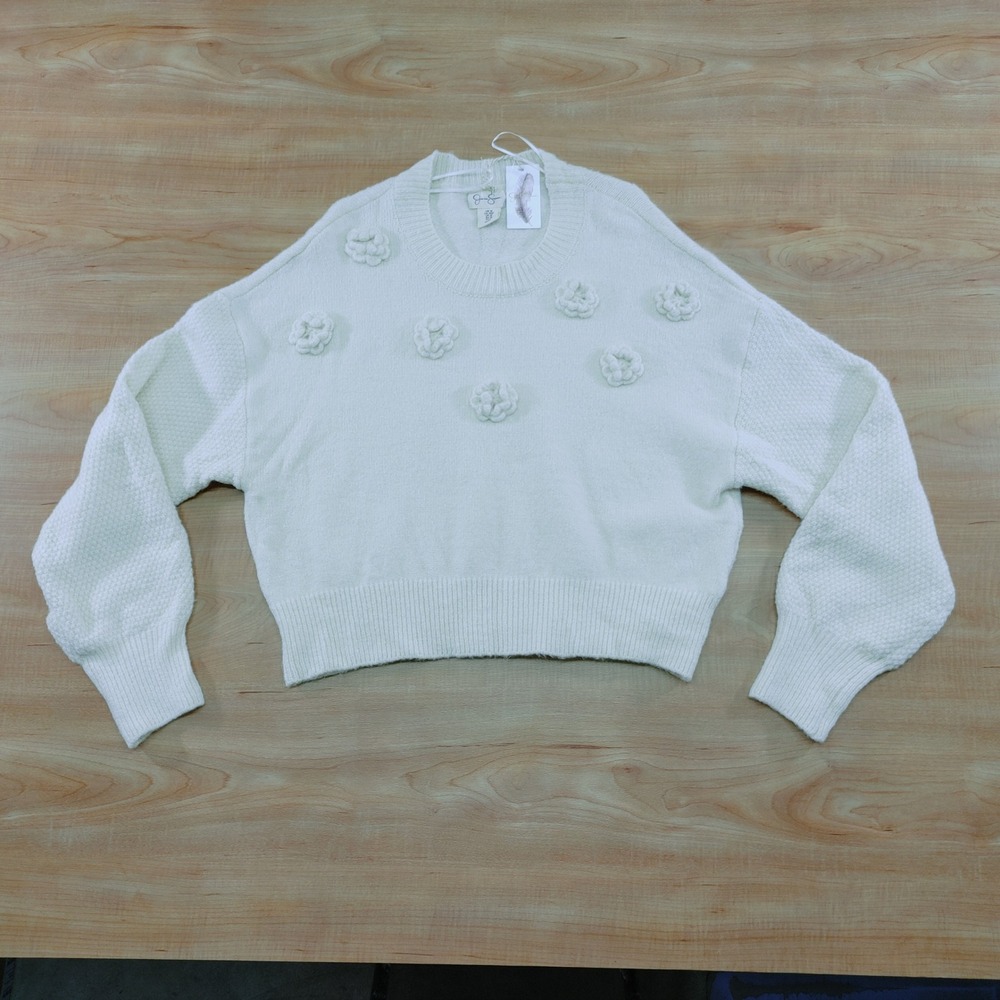 Jessica Simpson Cream 3D Floral Pom Pom Crewneck Sweater‎ Womens Size M Knit